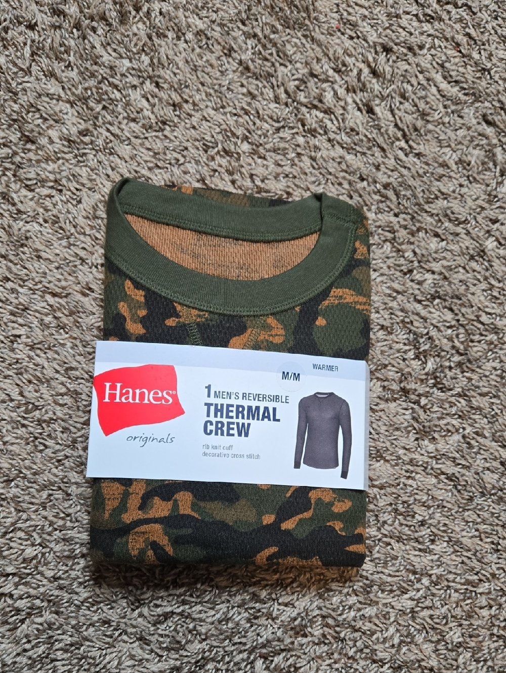 Hanes Originals Men's Reversible Thermal Crew Medium Camo Long Sleeve Shirt Top